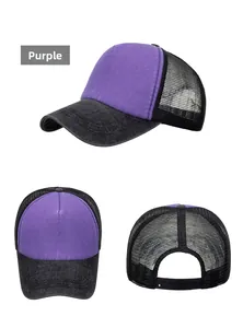 Detailed views of purple and black mesh trucker cap with adjustable back strap