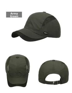 Detail of army green breathable mesh panels and metal adjustment buckle on sports cap