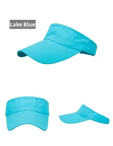 Three-way view of a lake blue sun visor showing mesh texture and fast-drying material