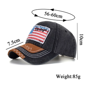 Vintage washed cotton baseball cap with American flag patch and brown suede brim