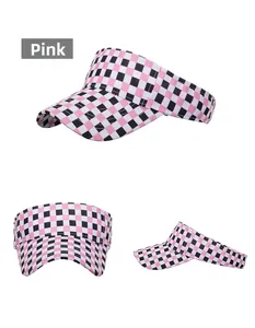 Multiple angles of pink checkered sun visor hat with open top design for women