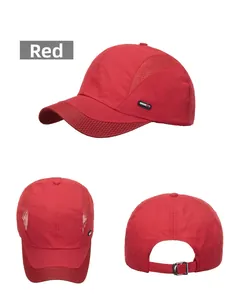 Detail view of red quick-dry baseball cap featuring breathable mesh panels and adjustable buckle