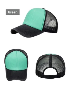 Detail view of mint green and black mesh trucker hat with adjustable snapback closure