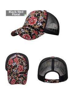 Detailed views of floral trucker hat with red peonies and breathable black mesh back