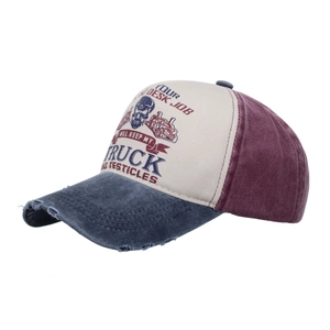 Vintage washed contrast baseball cap with truck print and distressed denim brim