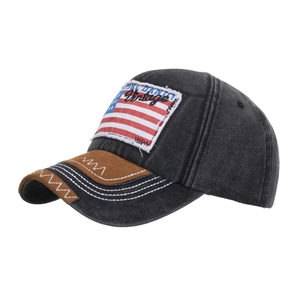 Vintage washed baseball cap with American flag embroidery and brown stitched brim