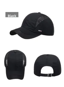 Detailed views of black outdoor quick-dry baseball cap with breathable mesh and metal buckle