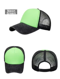 Three-angle view of a neon green mesh trucker hat with a black visor and adjustable strap
