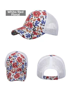 Detailed views of floral print mesh baseball cap with breathable mesh and adjustable strap