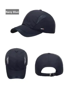 Navy blue breathable baseball cap showing side mesh panels and adjustable metal buckle