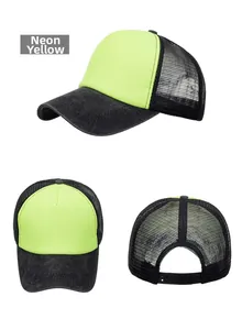 Three-way view of trucker cap showing fluorescent yellow foam front and mesh back detail