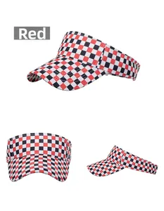 Detail view showing red checkerboard sun visor hat from front and side perspectives