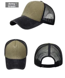 Army green and black trucker hat with mesh back and adjustable snapback closure