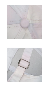 Détails de la casquette macaron montrant les coutures et la boucle en métal réglable