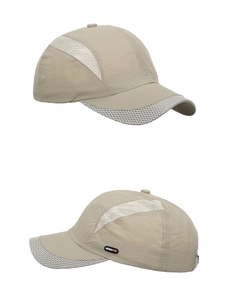 Detail of khaki outdoor sports cap with breathable mesh side panels and SPORTS label