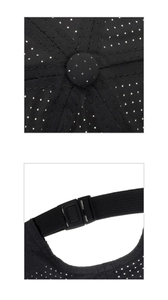 Detail of breathable mesh texture and adjustable strap on a black outdoor baseball cap