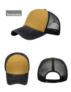 Three views of earth yellow and black mesh trucker hat with washed vintage texture