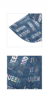 Détail de la casquette en denim avec lettrage QUEEN holographique et texture du tissu