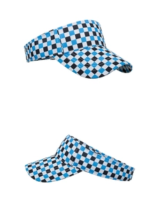 Detail view of two blue checkered sun visors showing canvas texture and curved brims
