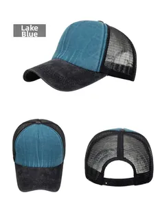 Three-angle detail of lake blue and black mesh trucker hat with adjustable snap closure