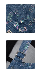 Détail de la casquette en denim bleu avec imprimé Queen laser et boucle en métal réglable
