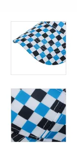 Close-up of blue and black checkerboard pattern sun visor with neat stitching details