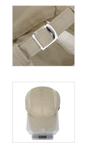 Detail view of khaki quick-dry mesh cap showing metal buckle and 54g weight on scale