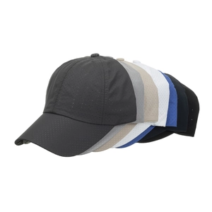 Stack of quick-dry baseball caps with laser-cut ventilation in seven neutral colors