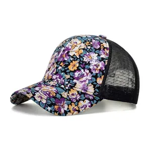 Women's Casual Floral Print Baseball Cap Breathable Mesh Trucker Hat Adjustable Outdoor Sun Protection Fashion Beach Cap