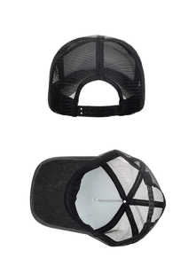 Detail view of the adjustable plastic strap and breathable mesh back of black trucker hat