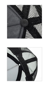 Detail of sponge mesh trucker hat showing top button and adjustable snapback closure
