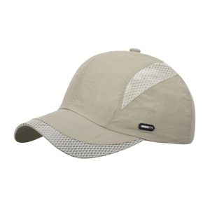 Beige quick-dry sports baseball cap with breathable mesh panels and SPORTS label