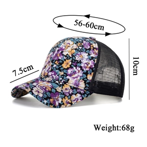 Floral print mesh baseball cap with sun protection for women featuring a black breathable back