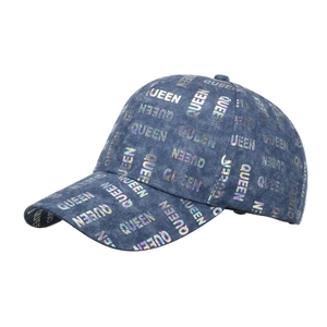 Casquette de baseball en jean pour femme avec imprimés QUEEN irisés et visière courbée