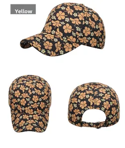 Multiple views of tropical floral baseball cap with yellow hibiscus print and metal buckle