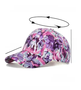 Detail view of floral baseball cap dimensions with height and brim length measurements