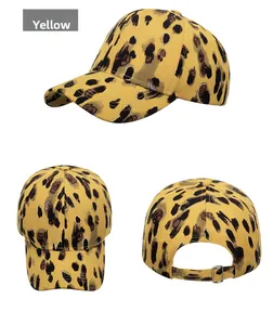 Detail view of yellow leopard print baseball cap showing rear metal adjustable buckle