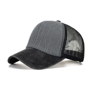 Vintage Washed Contrast Color Mesh Trucker Hat Breathable Sun Protection Curved Brim Baseball Cap Snapback For Men Women