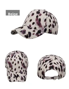 Three-angle view of a beige leopard print baseball cap with an adjustable metal buckle