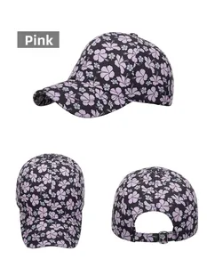 Detailed views of floral baseball cap with pink and blue patterns and metal buckle