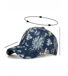 Detail view of navy blue floral baseball cap showing dimensions and daisy print fabric