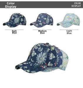 Detail of floral print on twill cotton baseball caps in three shades of blue with daisies