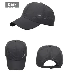 Detail view of dark grey breathable baseball cap with perforated fabric and adjustable strap
