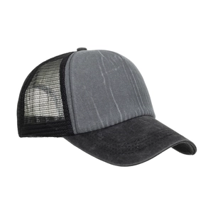 Gray and black trucker hat with mesh back and distressed finish shown from a 45-degree angle
