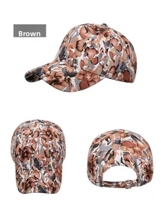 Three-angle view of a brown floral baseball cap showing front, side, and metal buckle back