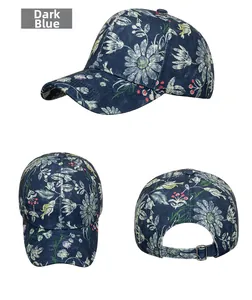 Detailed views of a dark blue floral baseball cap with white daisy patterns and metal buckle