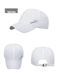 Detail view of white breathable mesh baseball cap with side logo and adjustable buckle