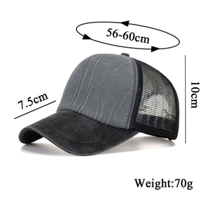 Vintage two-tone sponge mesh trucker hat with distressed grey crown and black mesh back