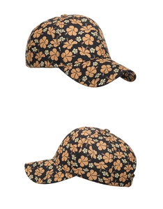 Detail of classic black baseball cap featuring vibrant orange hibiscus floral patterns