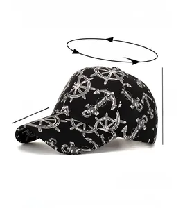 Detail view of anchor pattern baseball cap showing dimensions 56-60cm and adjustable strap